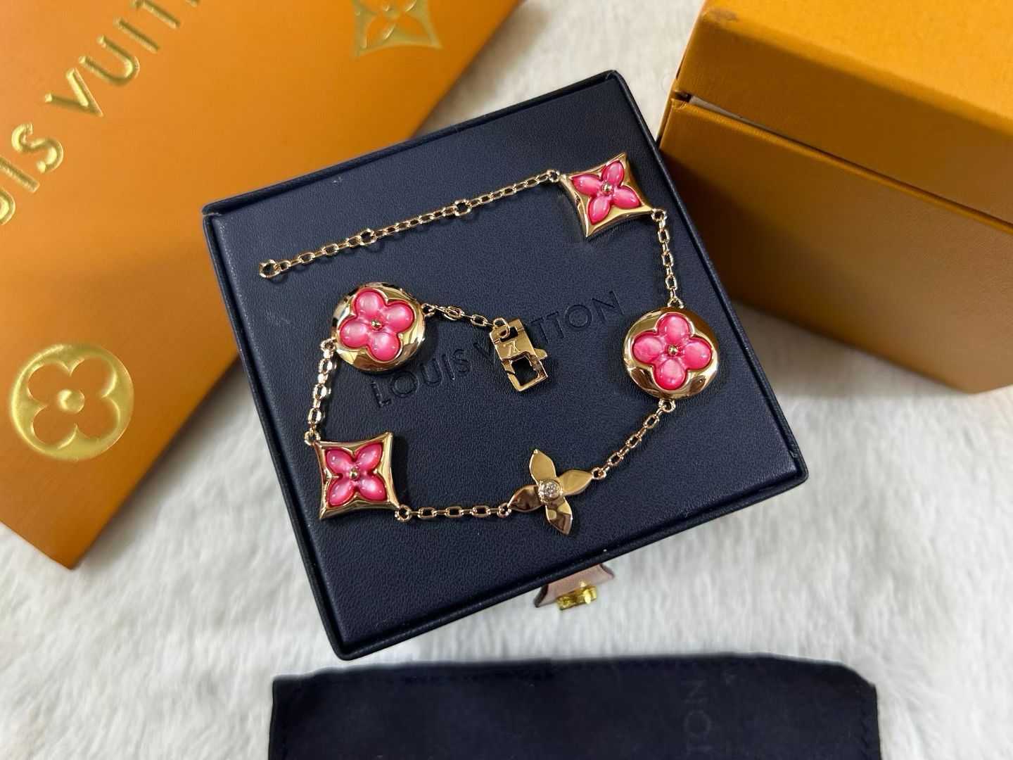 Louis Vuitton Clover Charm Bracelet – Monogram Motifs in Pink & Turquoise Enamel with Gold, Rose Gold & Silver Finishes