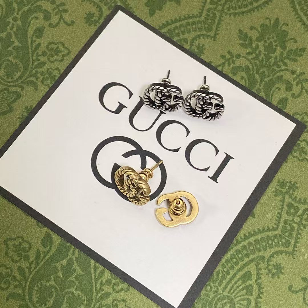 Gucci Twisted GG Earring Duo – Gold & Silver Interlocking Logo Studs with Rope Texture