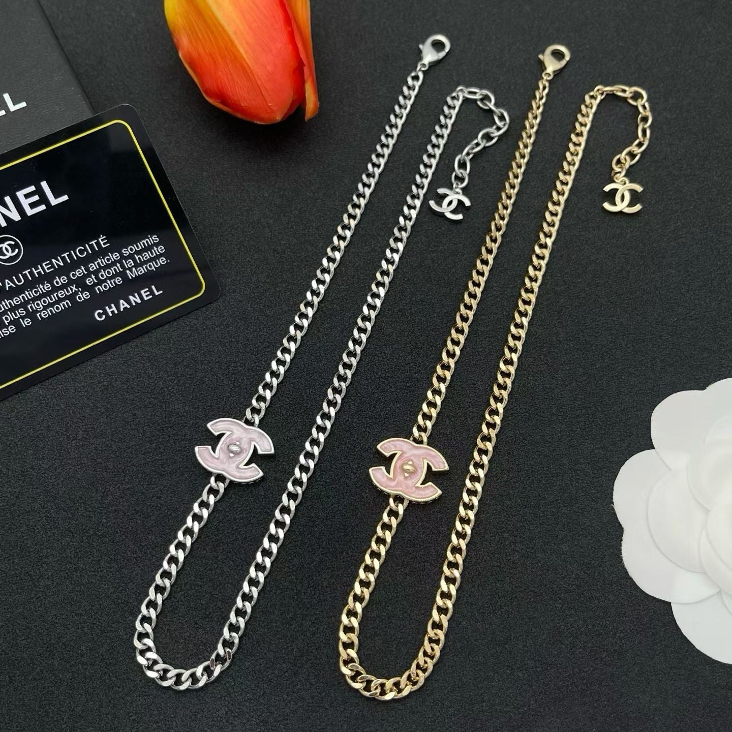 Chanel Interlocking CC Logo Necklace Silver & Gold Curb Chain with Adjustable Charm