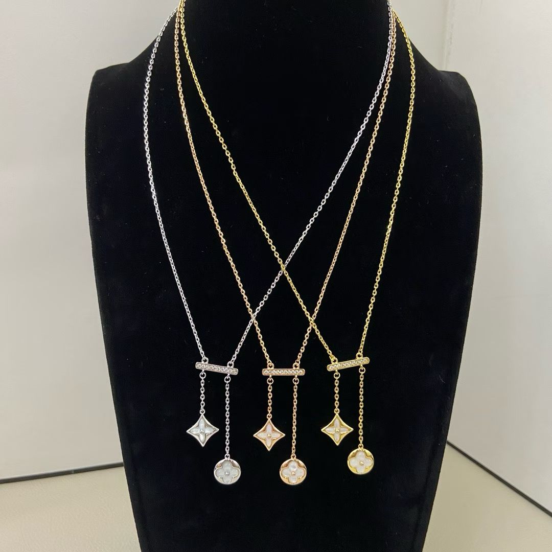 Louis Vuitton Geometric Pendant Necklaces – Crystal Bar with Diamond & Circle Drop Charms in Silver, Gold & Rose Gold