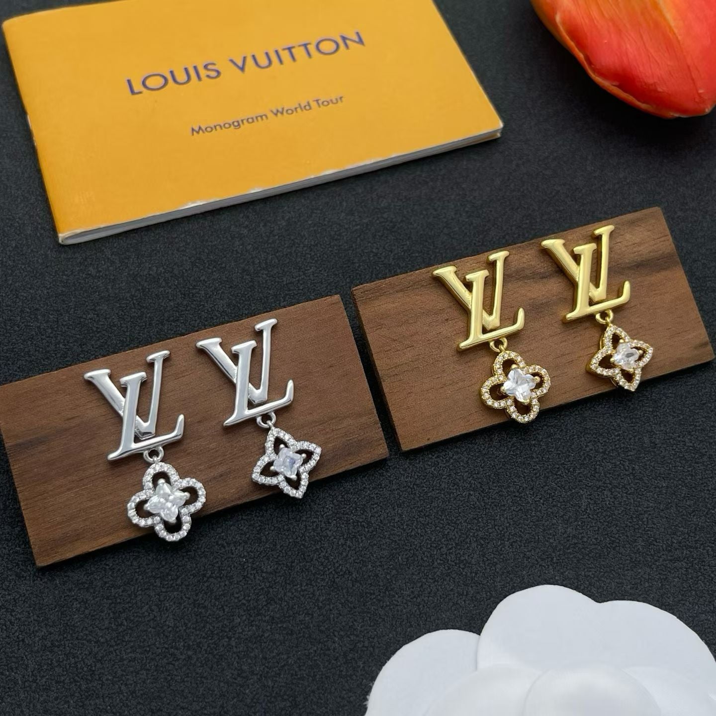 Louis Vuitton Monogram World Tour Earrings – LV Logo with Crystal Flower Drop in Gold & Silver