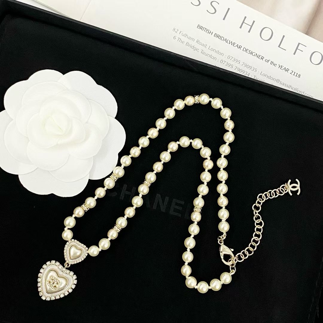 Chanel Pearl Heart Necklace White Pearls with Crystal Heart Pendant & Logo Charm