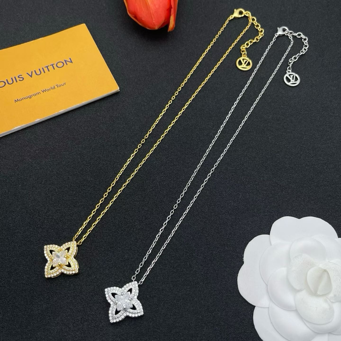 Louis Vuitton Flower Pendant Necklace – Gold & Silver with Sparkling Stones