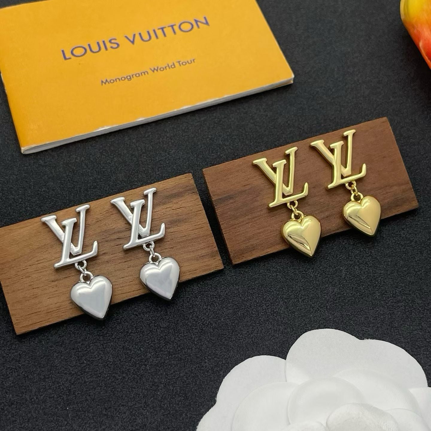 Louis Vuitton Heart Charm Earrings – LV Logo with Dangling Hearts in Gold & Silver