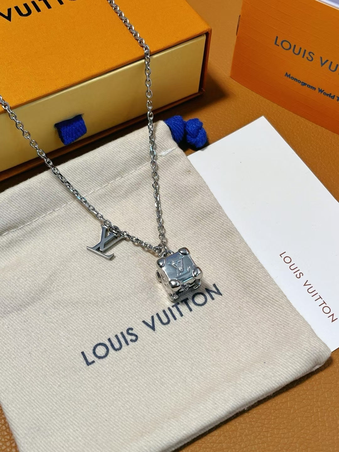 Louis Vuitton Cube & Logo Pendant Necklace – Gold-Tone with Monogram Detailing