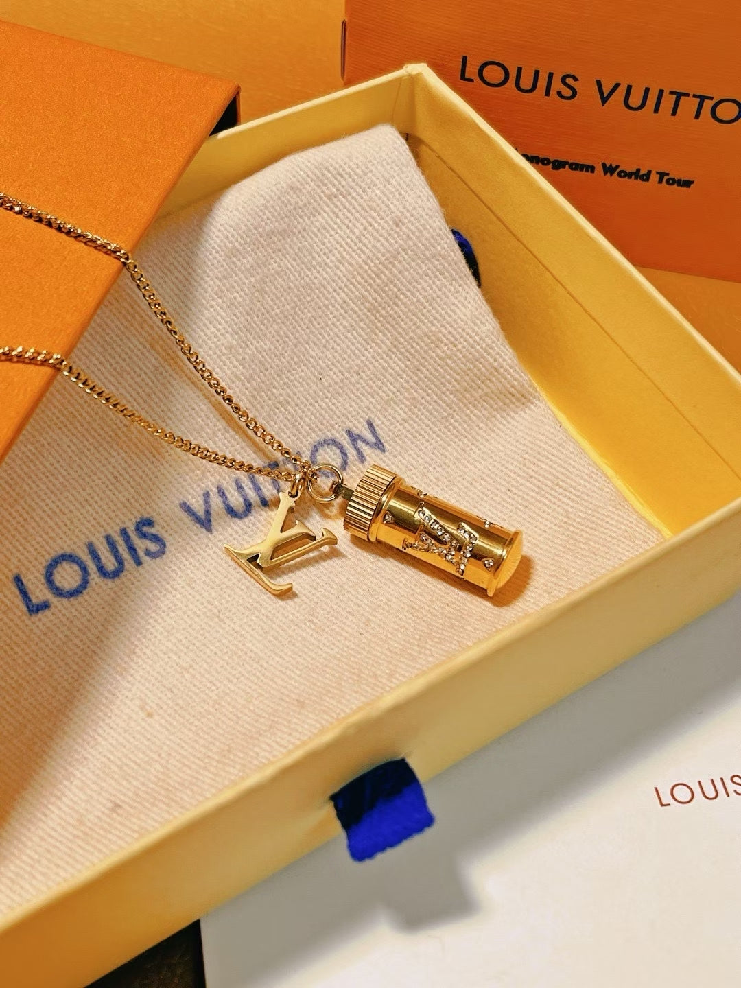 Louis Vuitton Capsule Pendant Necklace Set – Gold & Silver with Rhinestone Detail