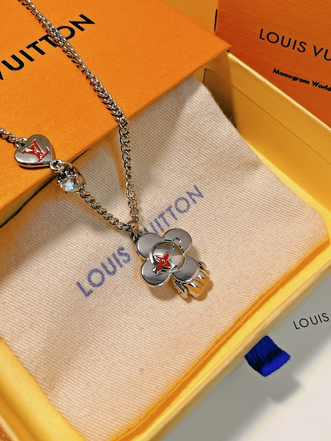 Louis Vuitton Heart & Character Charm Necklace – Silver Chain with Iconic Motifs