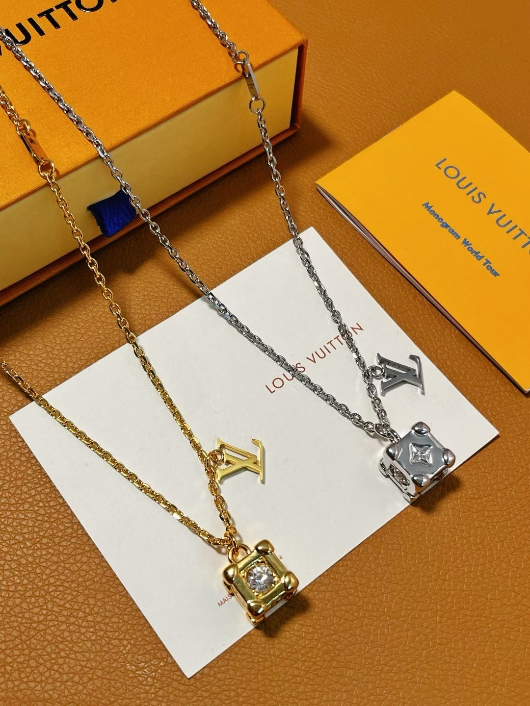 Louis Vuitton Cube & Logo Pendant Necklace – Gold-Tone with Monogram Detailing