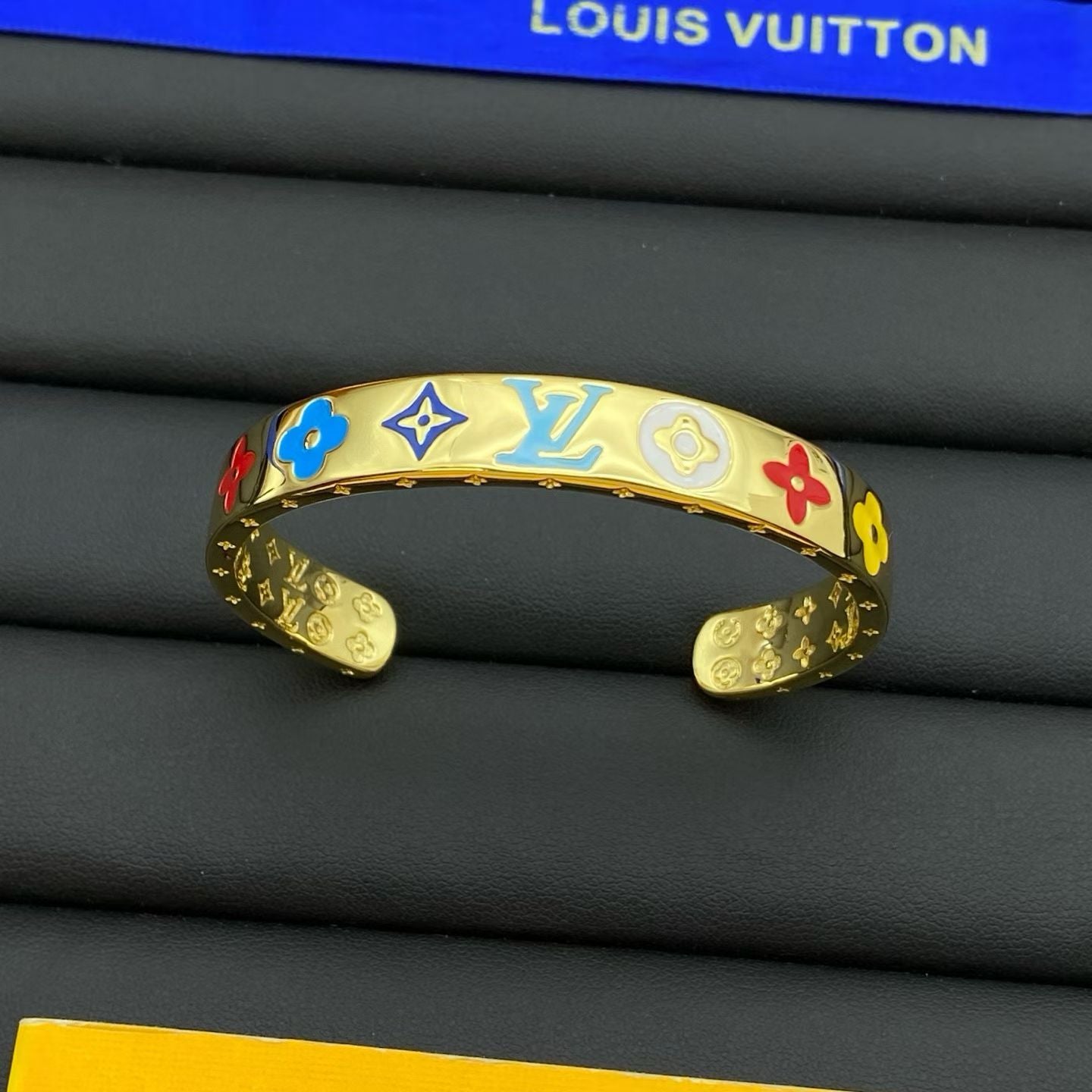 Louis Vuitton Enamel Monogram Bracelet – Gold Bangle with Multicolor LV Symbols