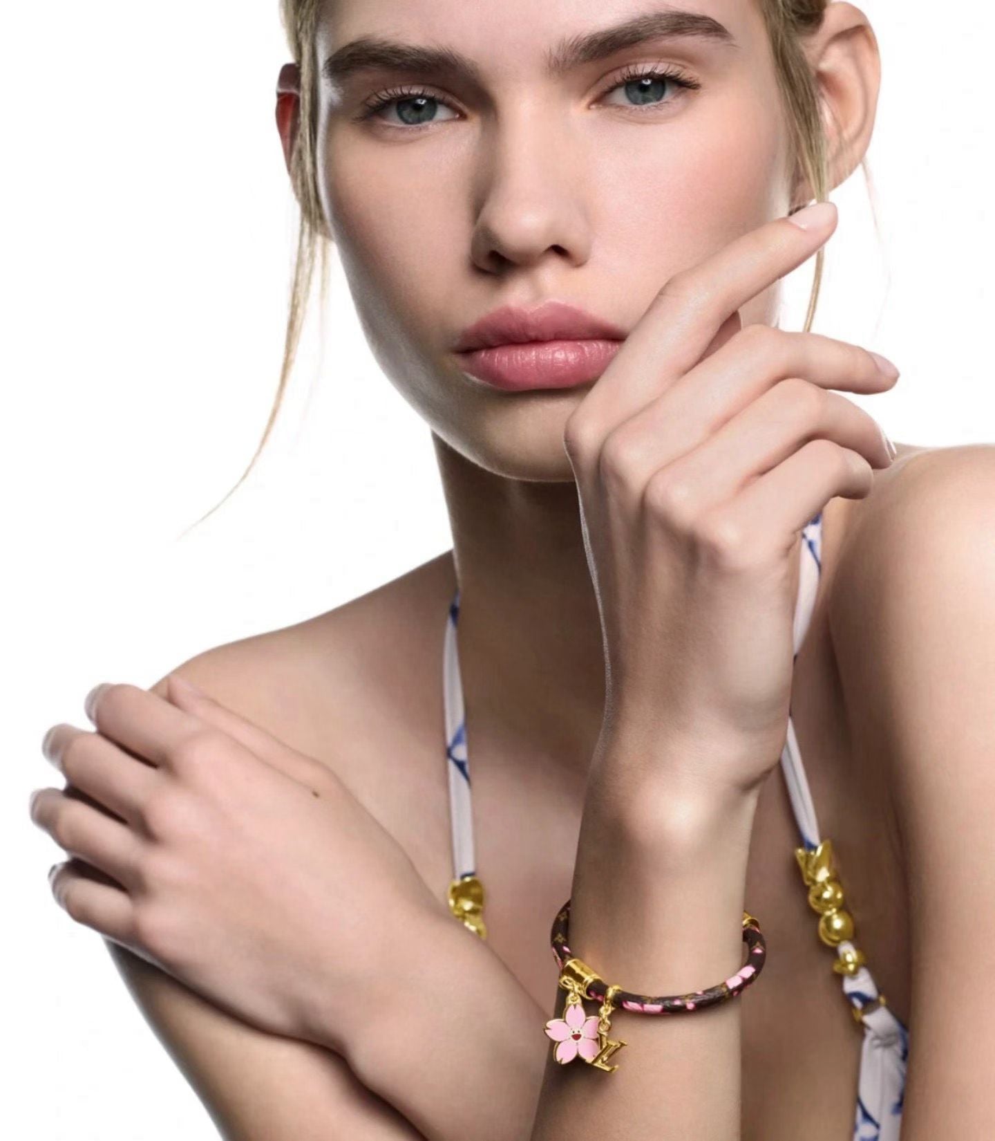 Louis Vuitton Cord Bracelet Pink Floral Accents with Gold-Toned Charms