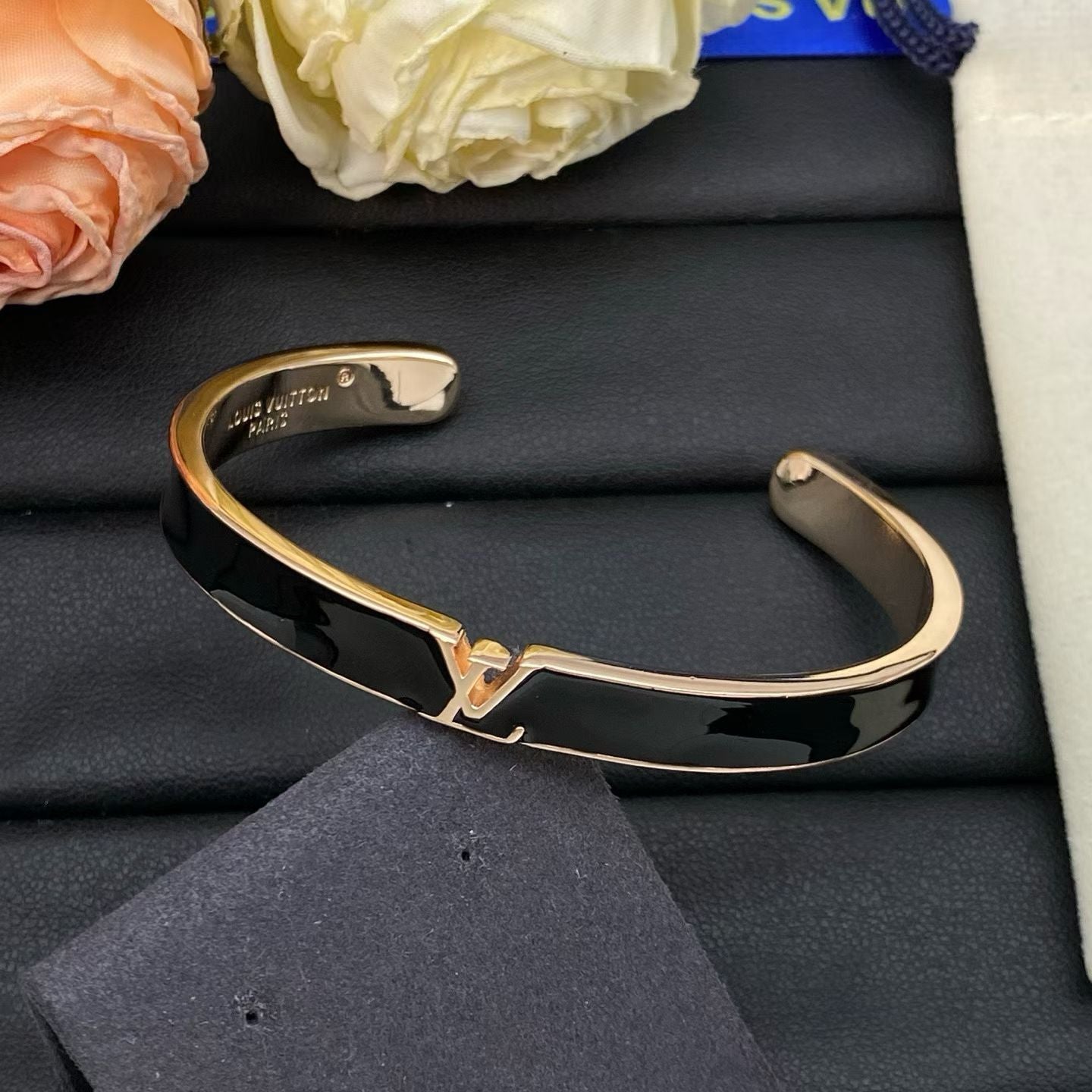 Louis Vuitton LV Logo Bracelet Black Band with Rose Gold, Silver &  Gold Finishes