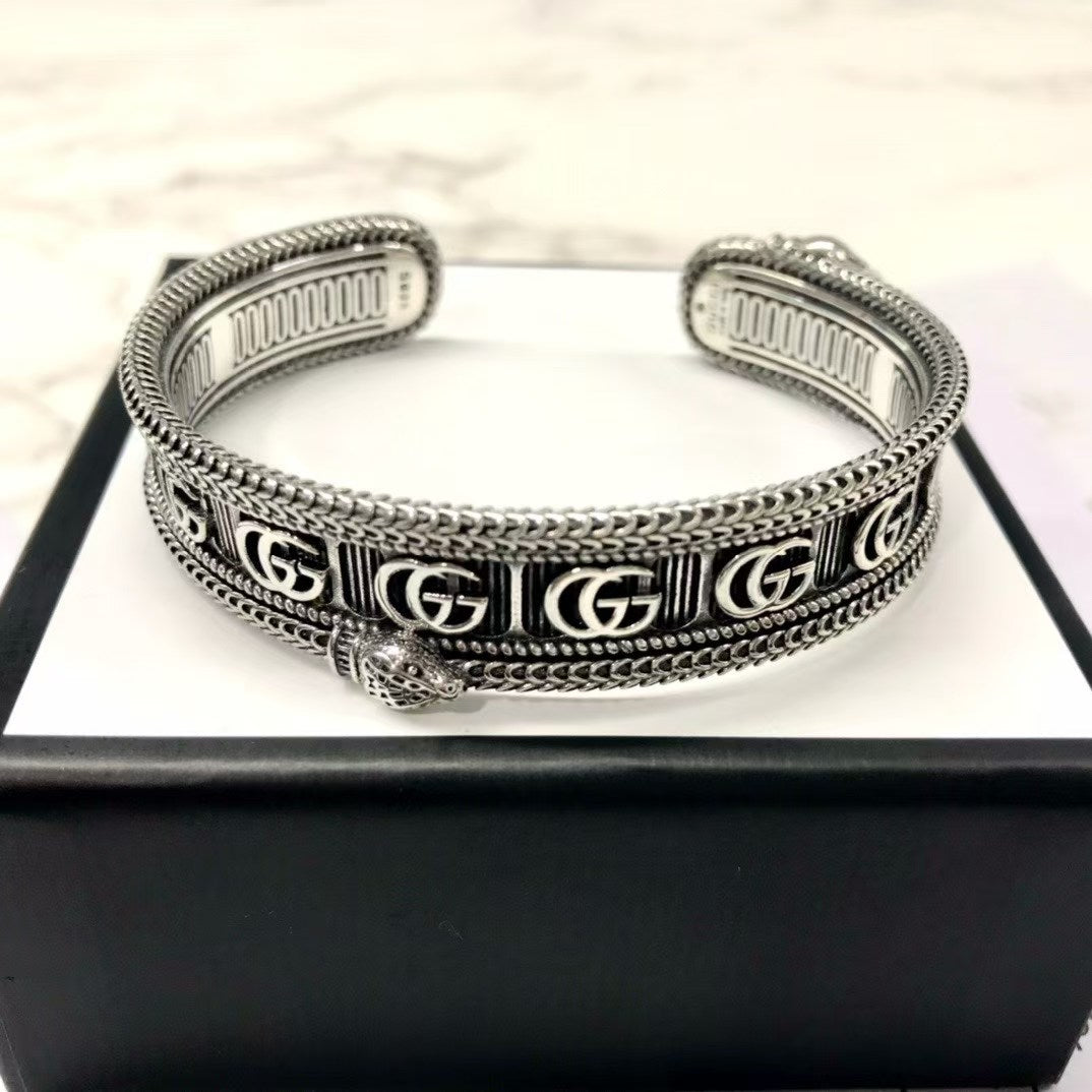 Gucci Garden Snake Bangle Bracelet – Aged Sterling Silver with Double G Motif