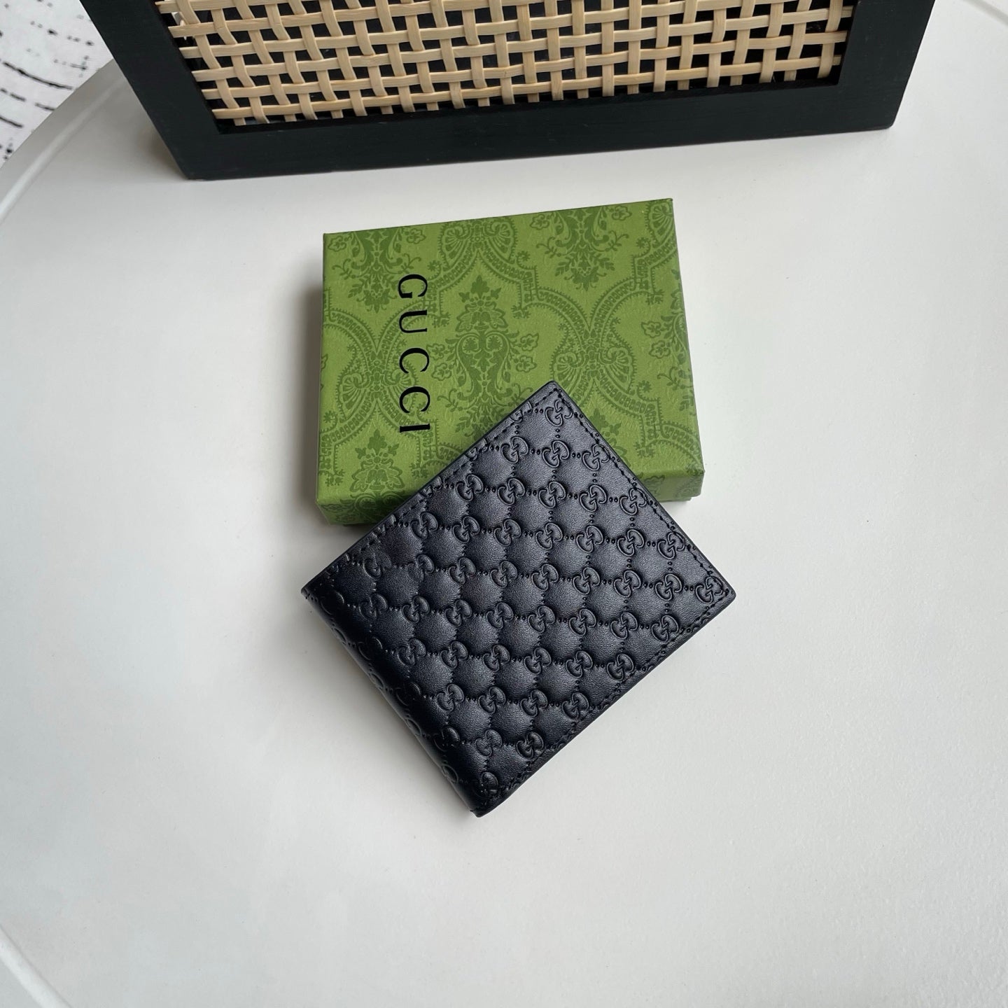 Gucci Black GG Embossed Wallet – Gold Button Stripe Edition