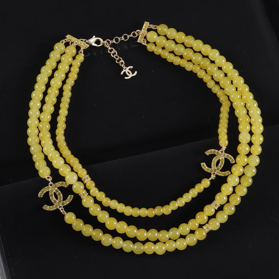 Chanel Triple-Strand Yellow Bead Necklace – Crystal Logo Accents