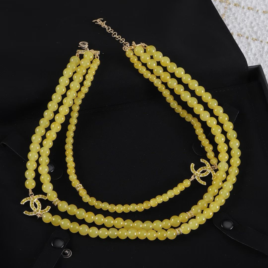 Chanel Triple-Strand Yellow Bead Necklace – Crystal Logo Accents