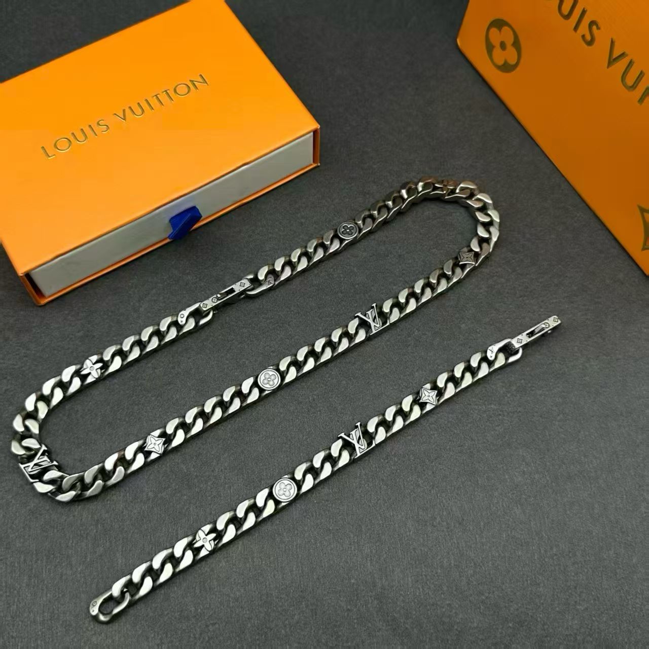 Louis Vuitton Monogram Curb Chain Jewelry – Necklace & Bracelet Set