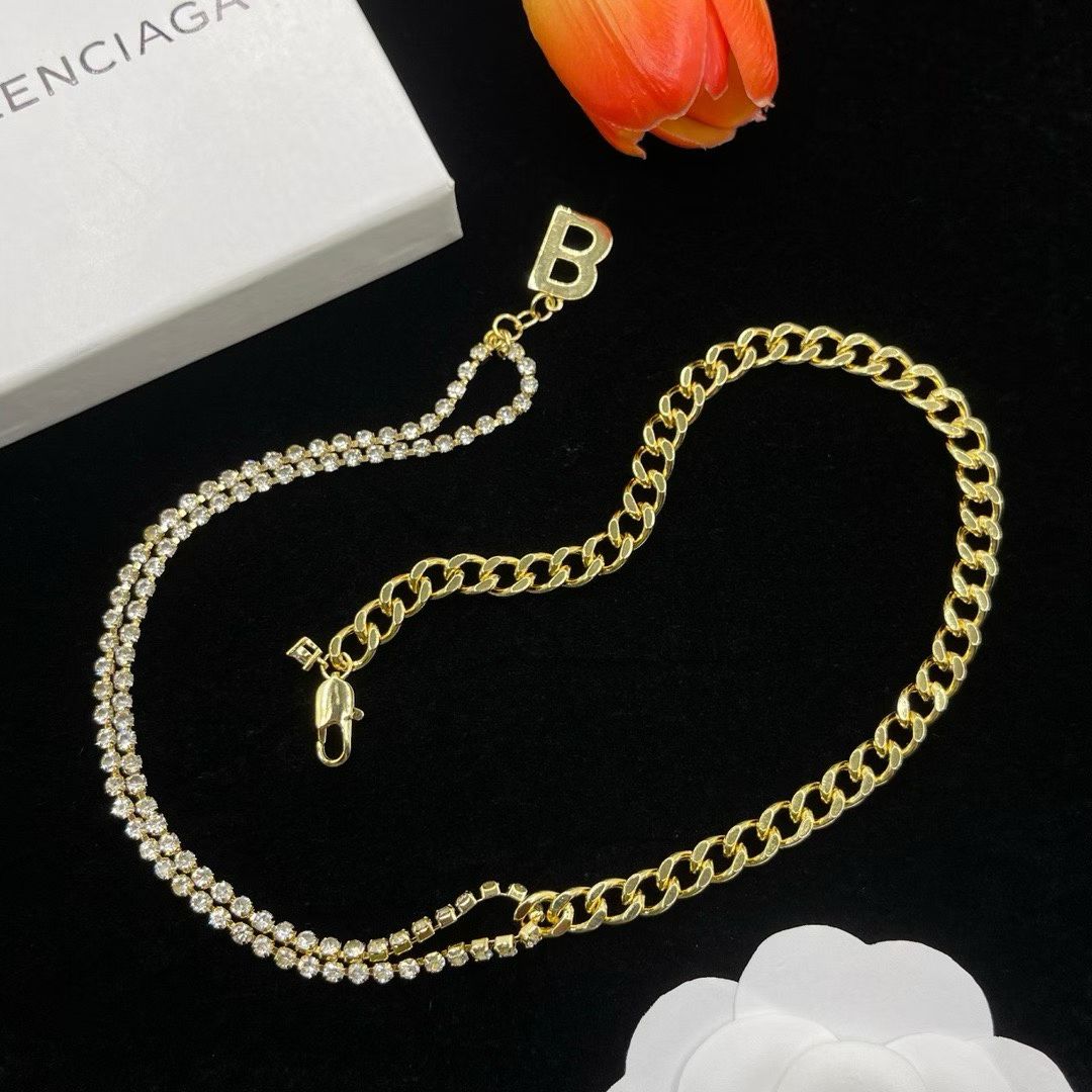 Balenciaga Dual Chain Necklace – Gold Curb & Rhinestone with “B” Charm