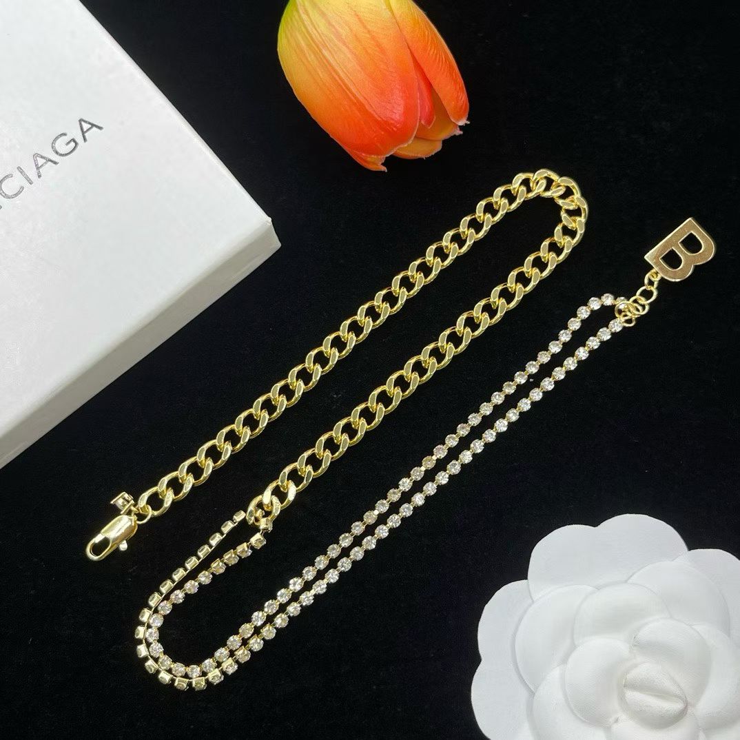 Balenciaga Dual Chain Necklace – Gold Curb & Rhinestone with “B” Charm