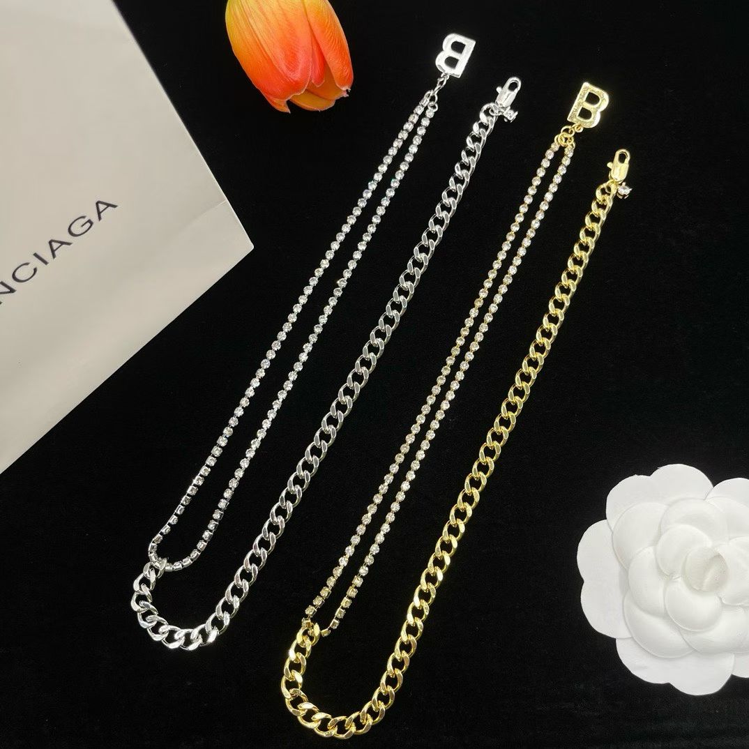 Balenciaga Dual Chain Necklace – Gold Curb & Rhinestone with “B” Charm