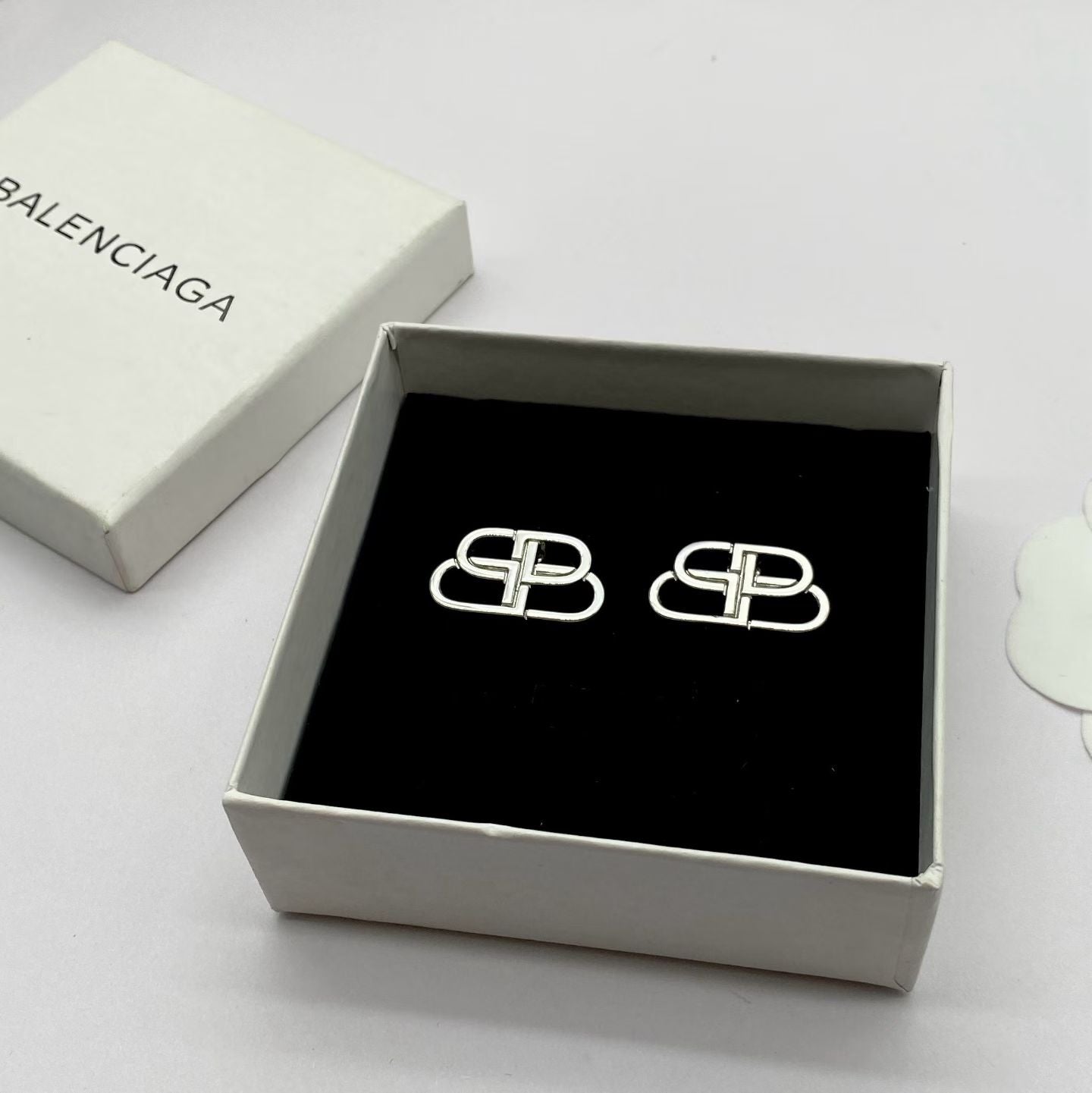 Balenciaga BB Logo Earrings – Silver Interlocking Design