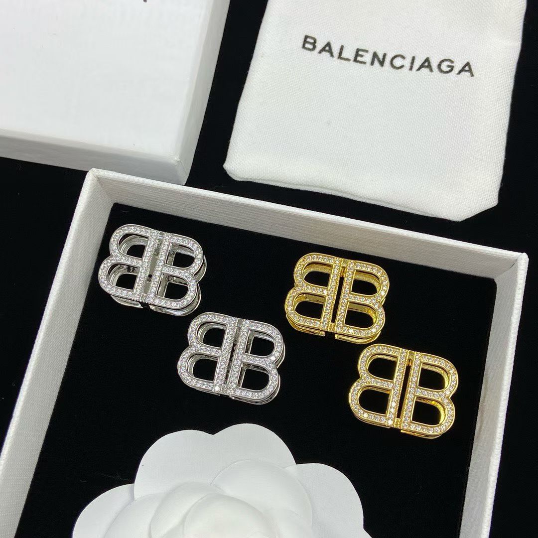 Balenciaga BB Rhinestone Stud Earrings – Gold & Silver Sparkle