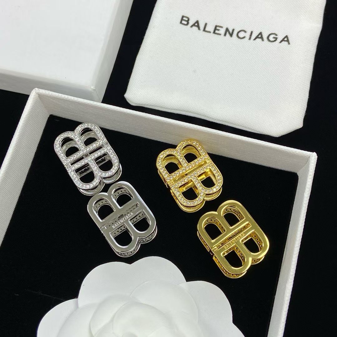 Balenciaga BB Rhinestone Stud Earrings – Gold & Silver Sparkle