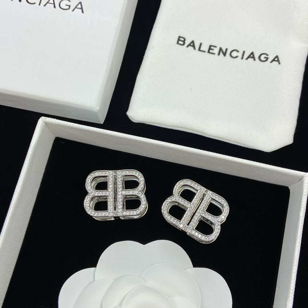 Balenciaga BB Rhinestone Stud Earrings – Gold & Silver Sparkle