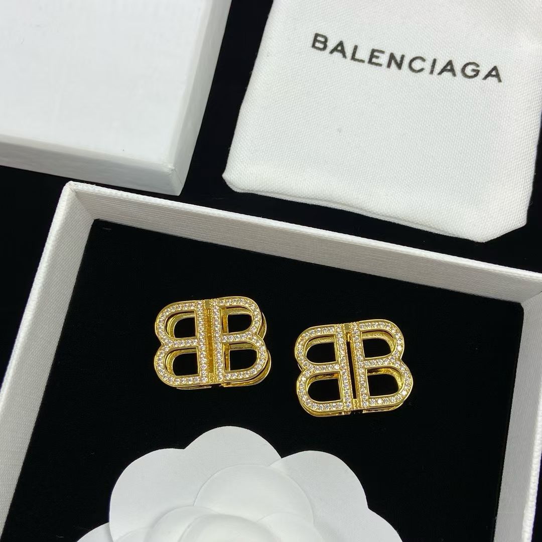 Balenciaga BB Rhinestone Stud Earrings – Gold & Silver Sparkle
