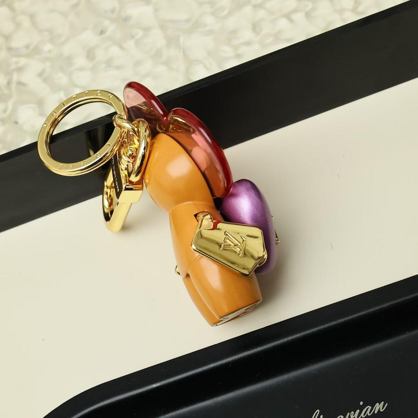 Louis Vuitton Heart Flower Character Keychain – Pink & Purple Petals with Gold LV Heart