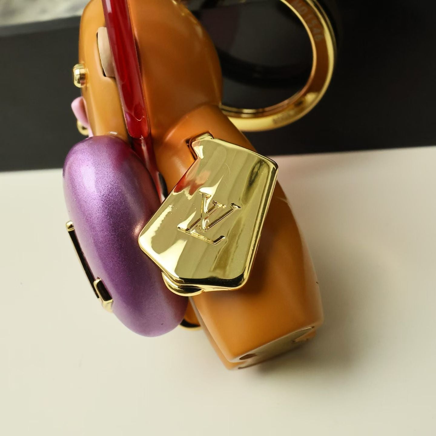 Louis Vuitton Heart Flower Character Keychain – Pink & Purple Petals with Gold LV Heart