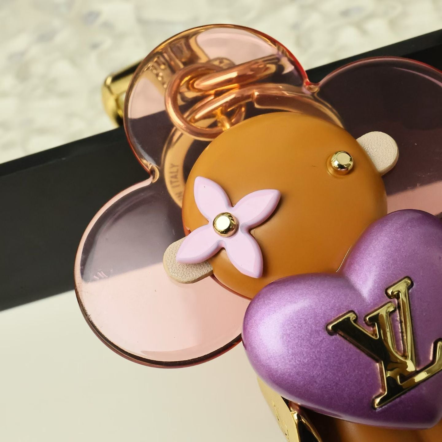 Louis Vuitton Heart Flower Character Keychain – Pink & Purple Petals with Gold LV Heart