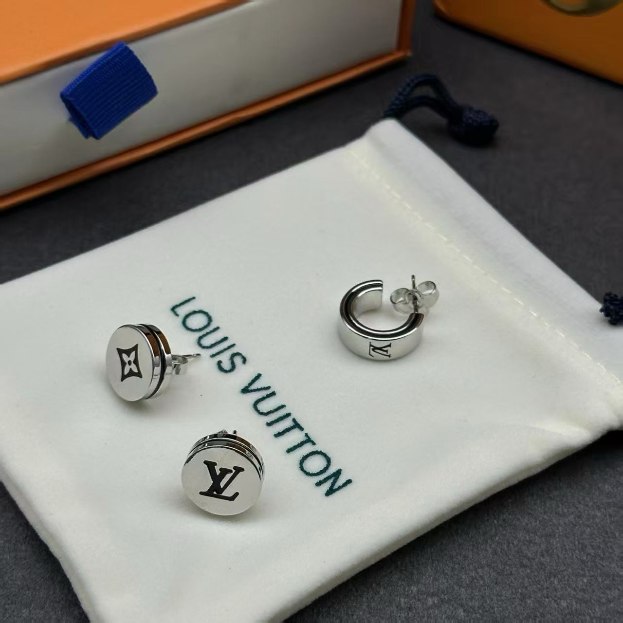 Louis Vuitton Silver Logo Earring Set – Studs & Hoop