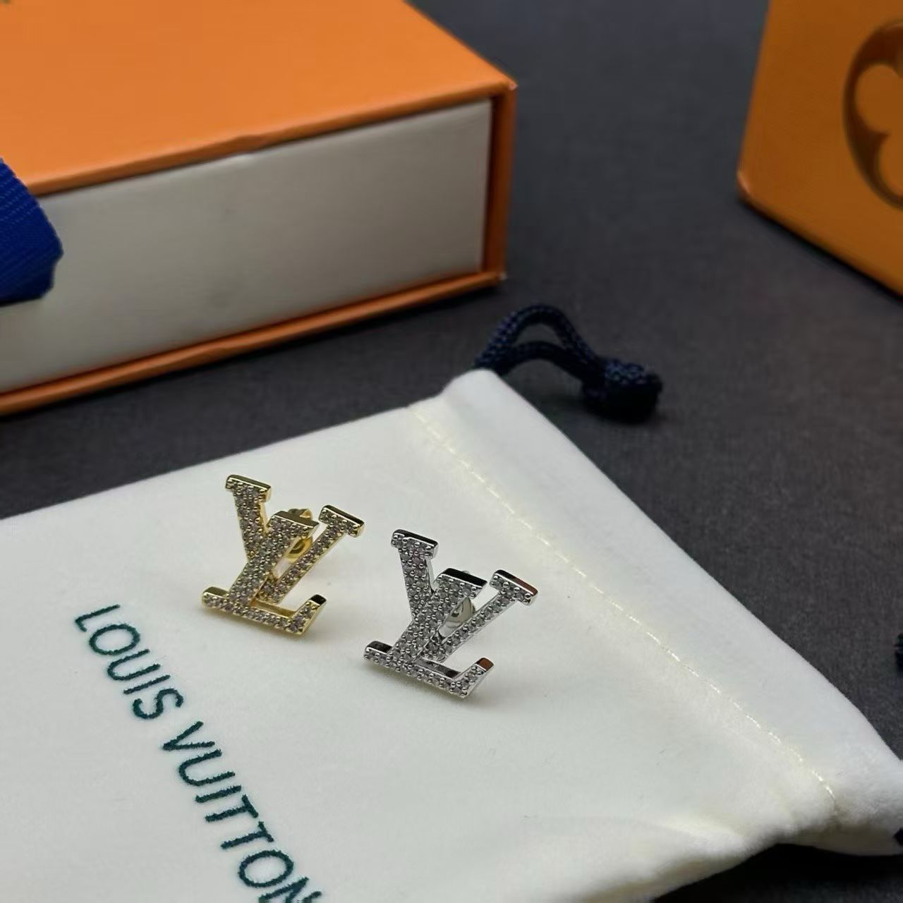 Louis Vuitton Crystal Logo Earrings – Gold & Silver LV Studs
