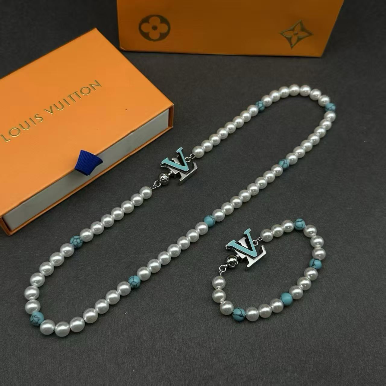 Louis Vuitton Beaded Jewelry – White & Turquoise Necklace & Bracelet Set