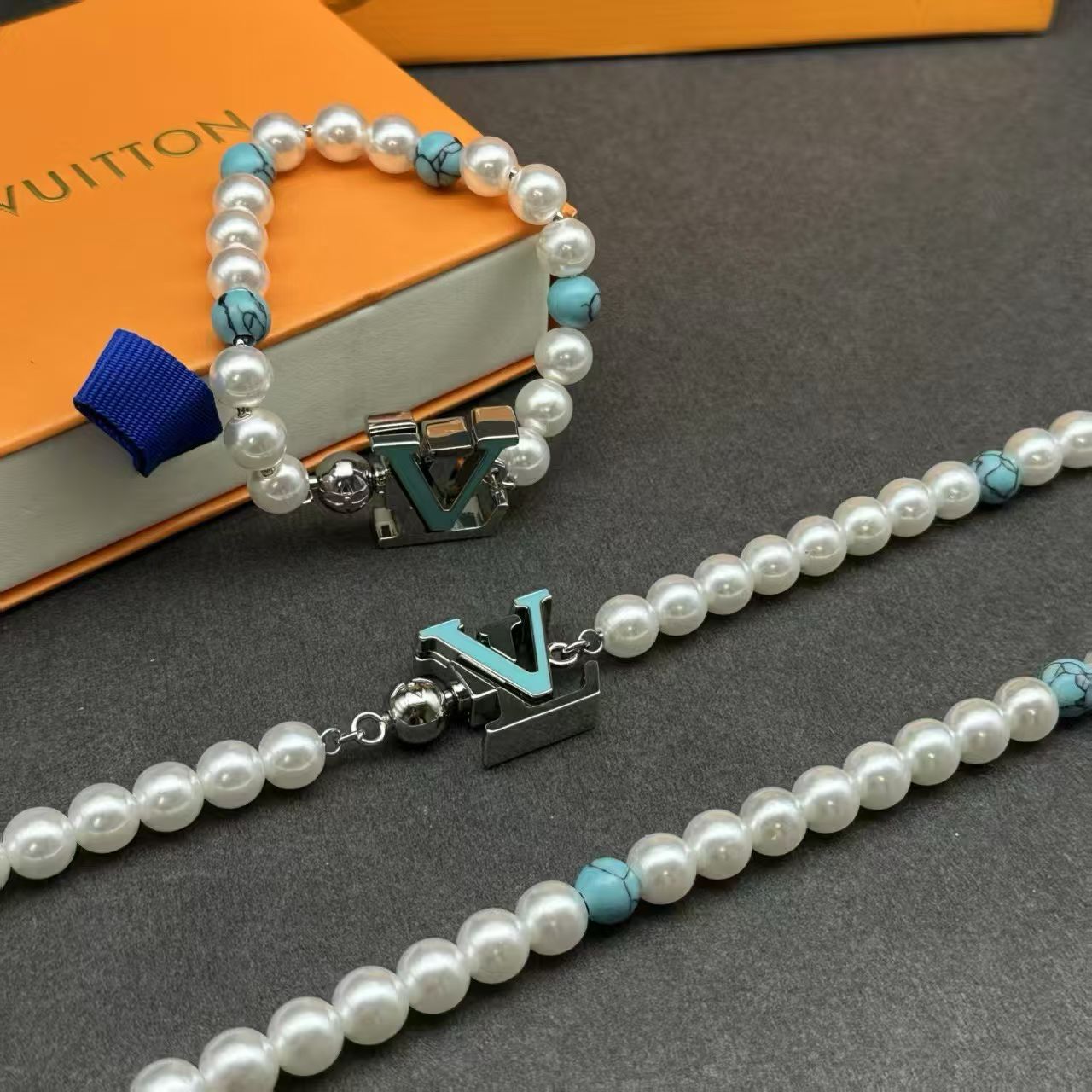 Louis Vuitton Beaded Jewelry – White & Turquoise Necklace & Bracelet Set