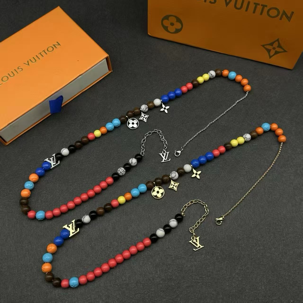 Louis Vuitton Multicolor Beaded Charm Necklace – Floral & LV Logo Accents
