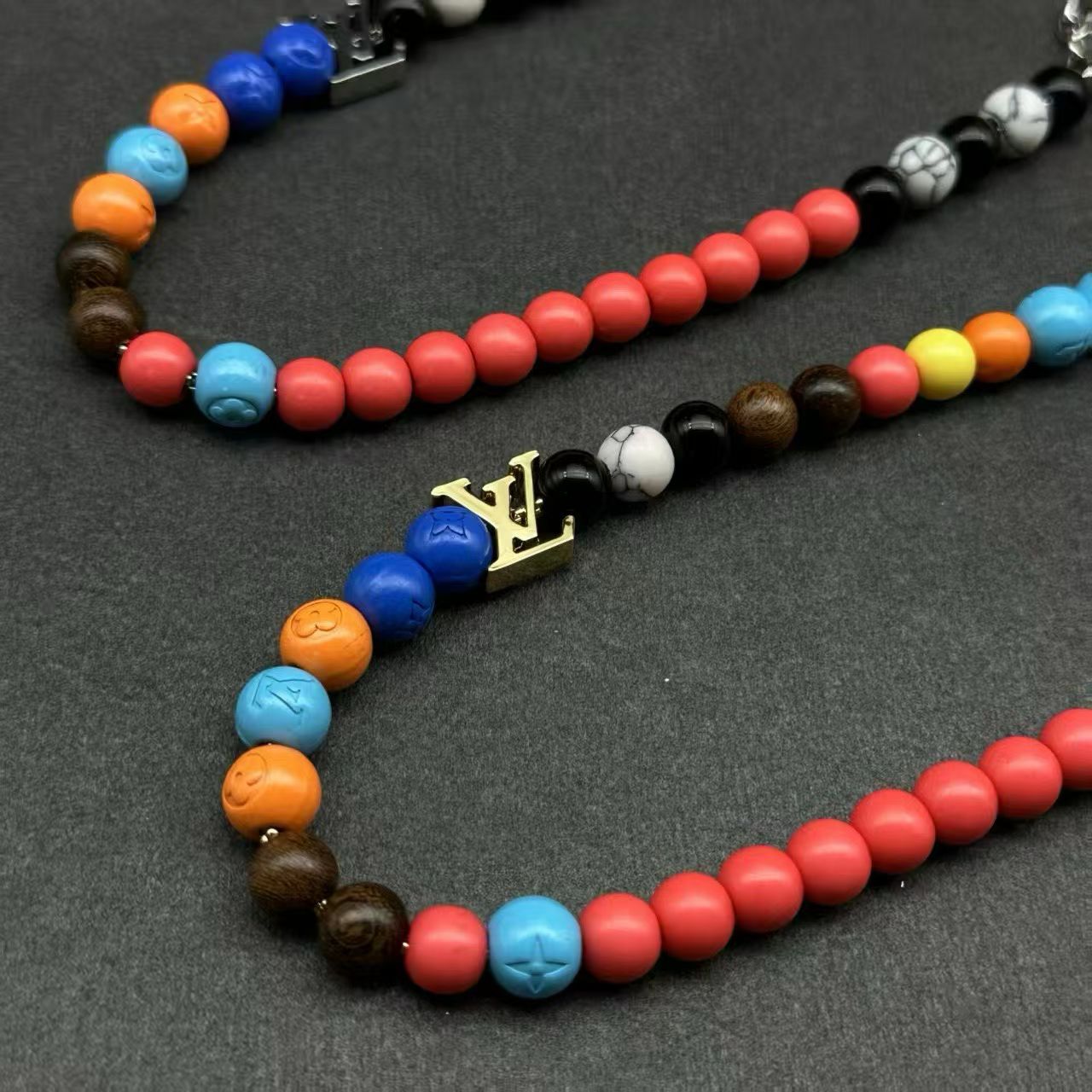 Louis Vuitton Multicolor Beaded Charm Necklace – Floral & LV Logo Accents