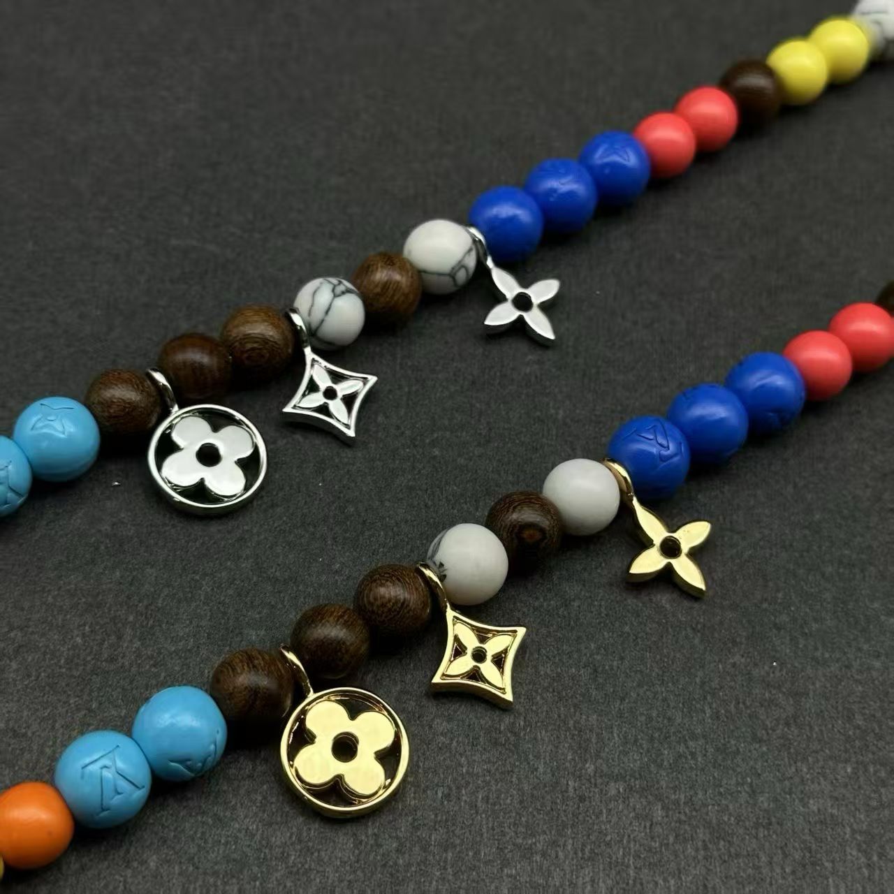 Louis Vuitton Multicolor Beaded Charm Necklace – Floral & LV Logo Accents