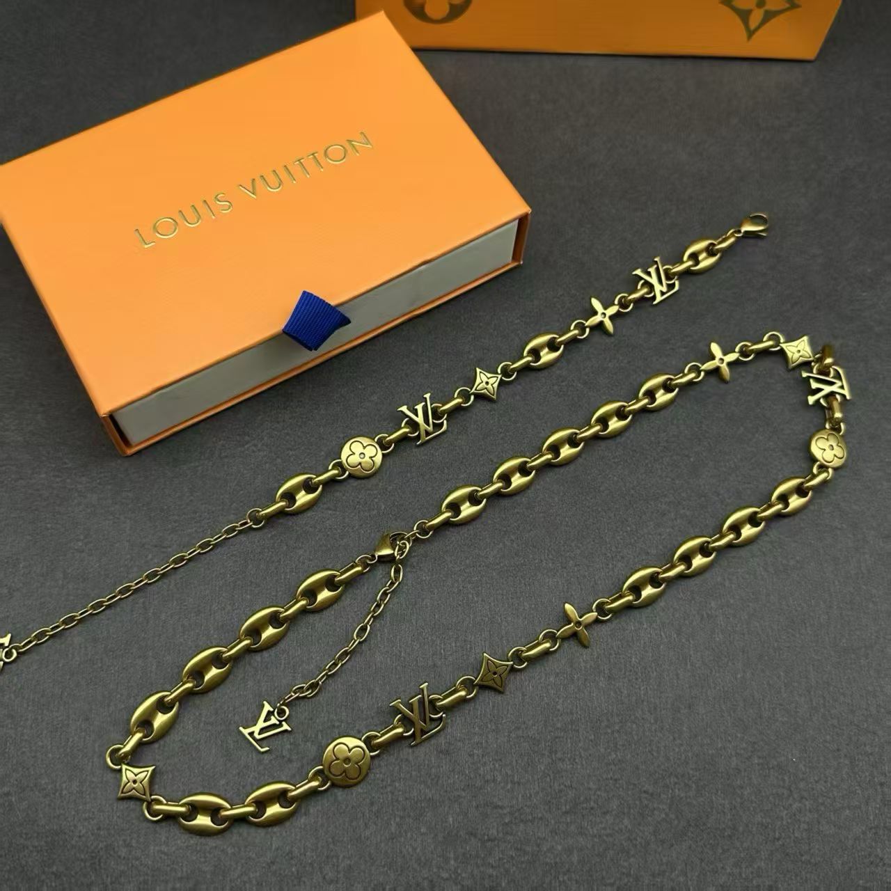 Louis Vuitton Monogram Jewelry Set – Silver Necklace & Bracelet with LV Logo & Floral Motifs