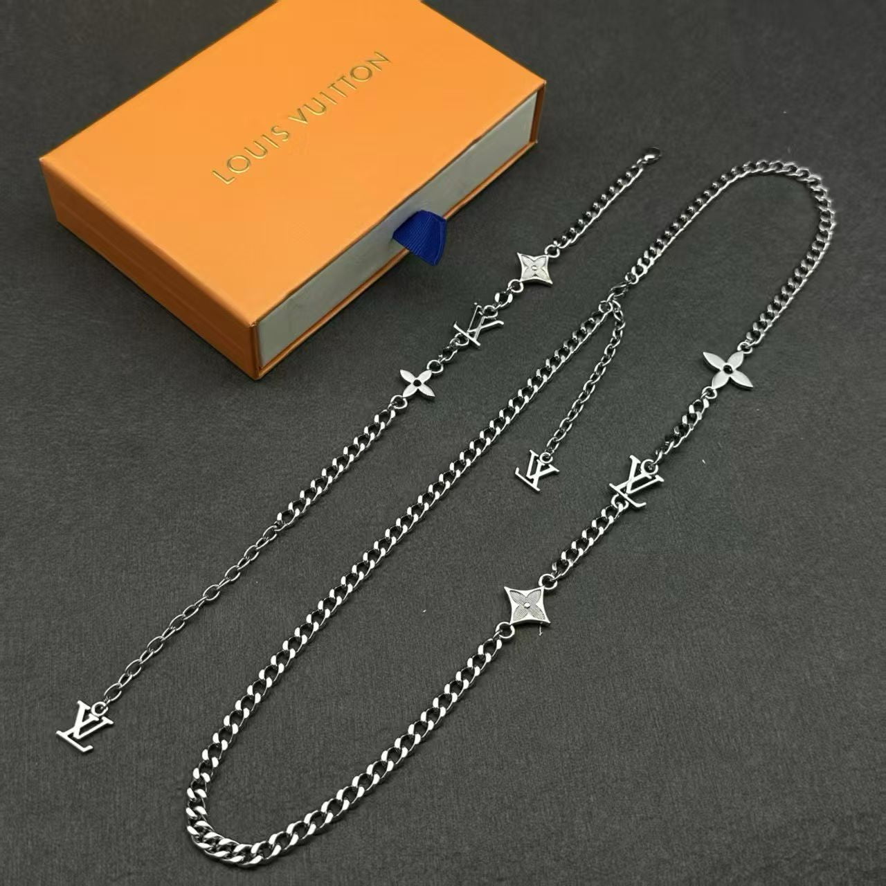 Louis Vuitton Charm Chain Jewelry – Silver-Toned Necklace & Bracelet Set in Multiple Colorways