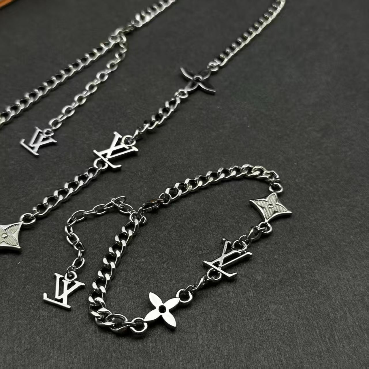 Louis Vuitton Charm Chain Jewelry – Silver-Toned Necklace & Bracelet Set in Multiple Colorways