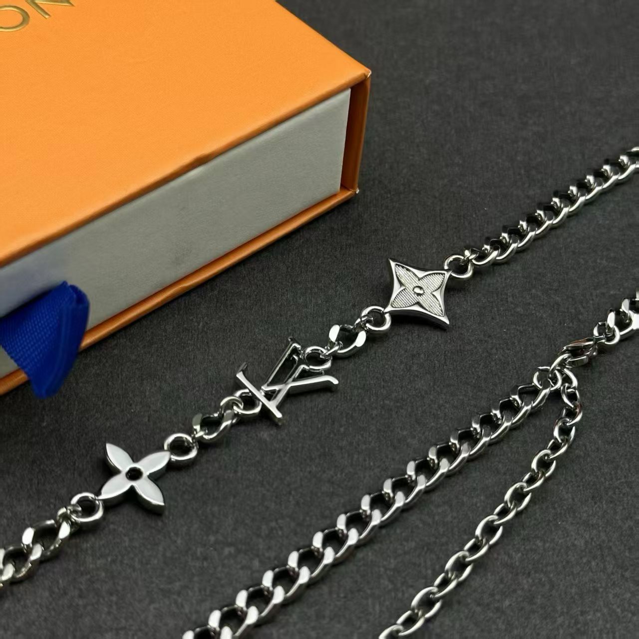 Louis Vuitton Charm Chain Jewelry – Silver-Toned Necklace & Bracelet Set in Multiple Colorways