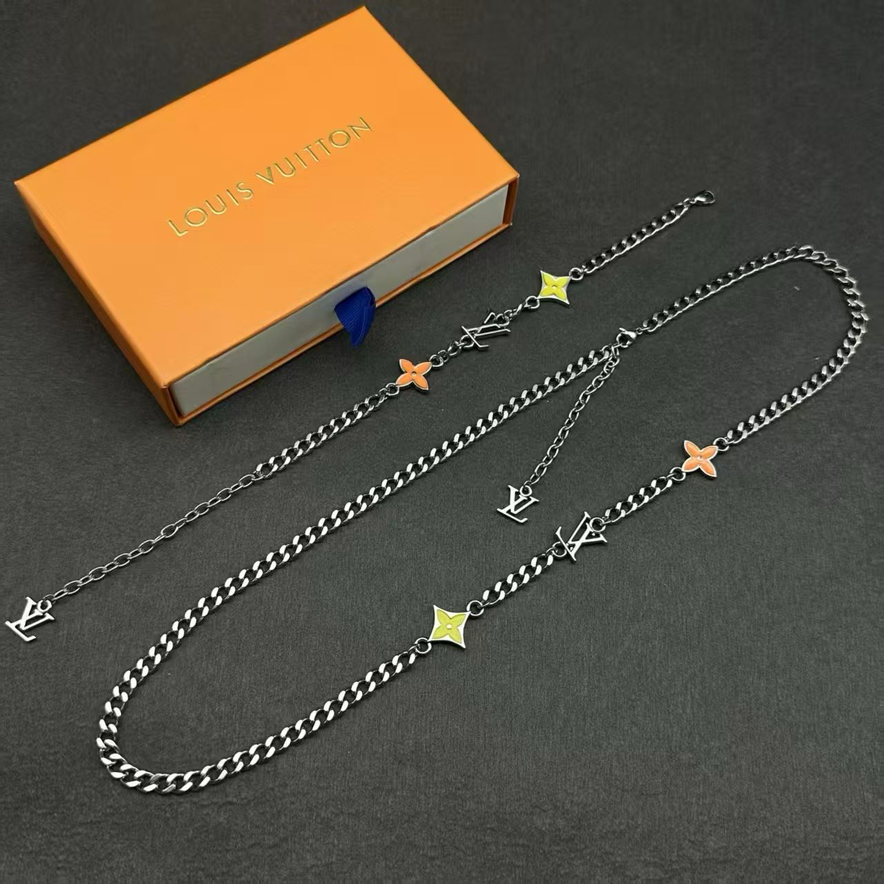 Louis Vuitton Charm Chain Jewelry – Silver-Toned Necklace & Bracelet Set in Multiple Colorways