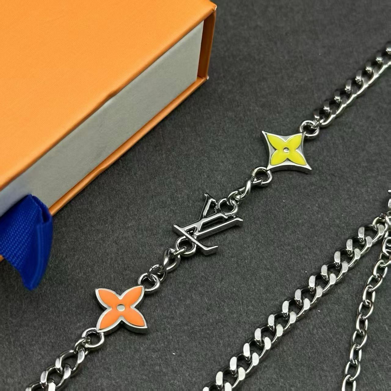 Louis Vuitton Charm Chain Jewelry – Silver-Toned Necklace & Bracelet Set in Multiple Colorways