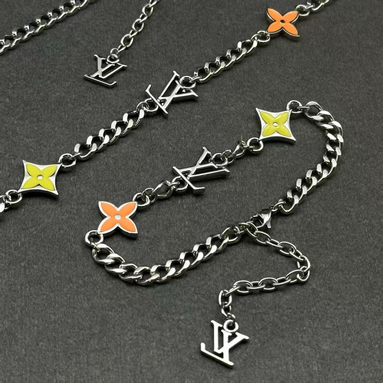 Louis Vuitton Charm Chain Jewelry – Silver-Toned Necklace & Bracelet Set in Multiple Colorways