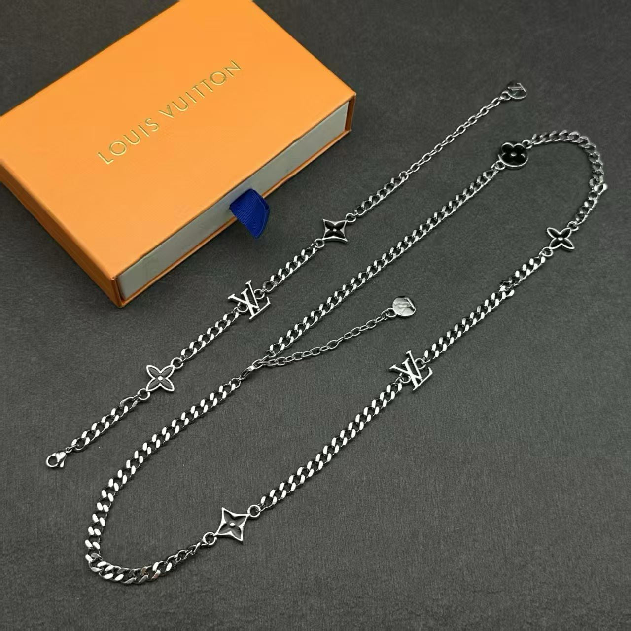 Louis Vuitton Charm Chain Jewelry – Silver-Toned Necklace & Bracelet Set in Multiple Colorways