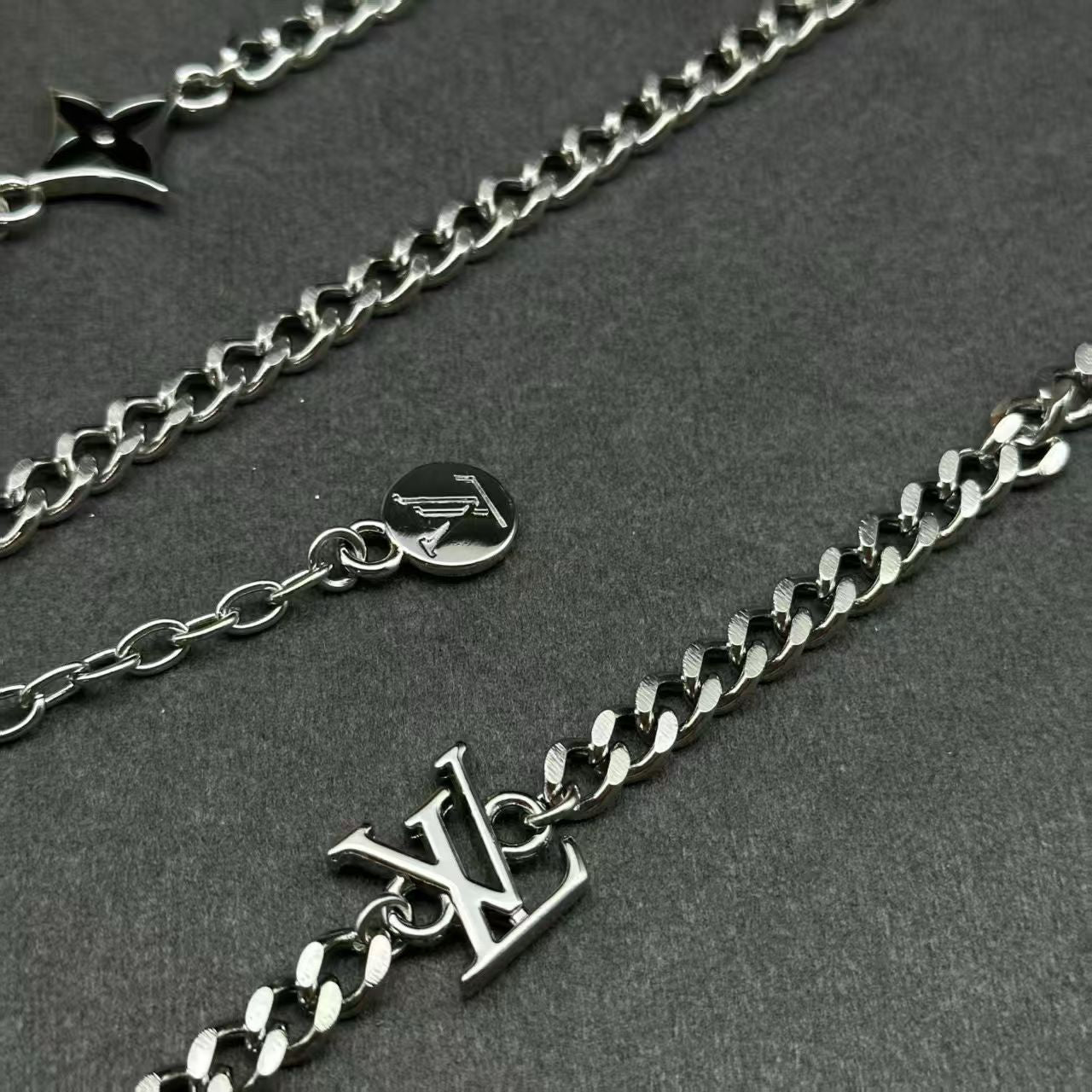 Louis Vuitton Charm Chain Jewelry – Silver-Toned Necklace & Bracelet Set in Multiple Colorways