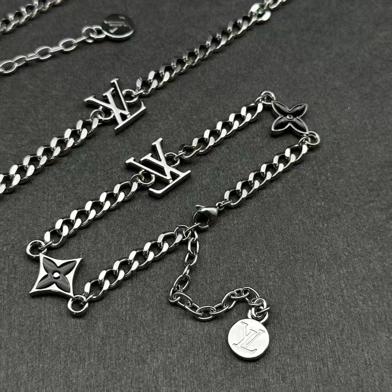 Louis Vuitton Charm Chain Jewelry – Silver-Toned Necklace & Bracelet Set in Multiple Colorways