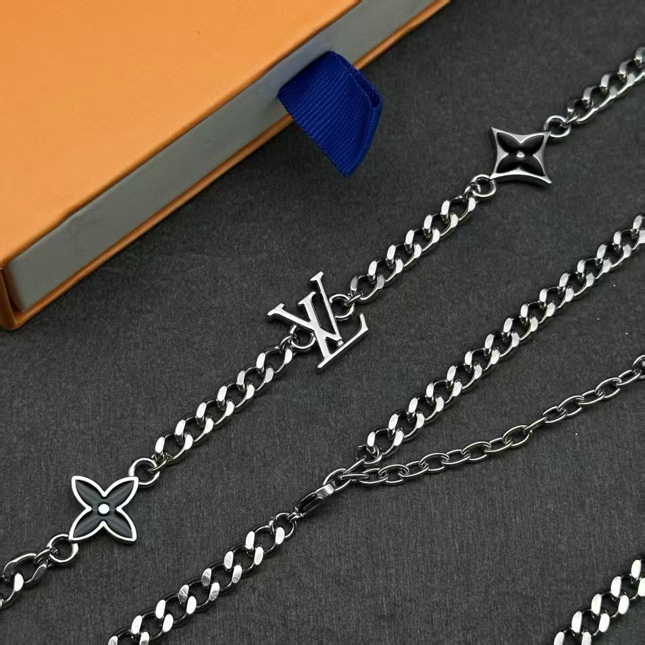 Louis Vuitton Charm Chain Jewelry – Silver-Toned Necklace & Bracelet Set in Multiple Colorways