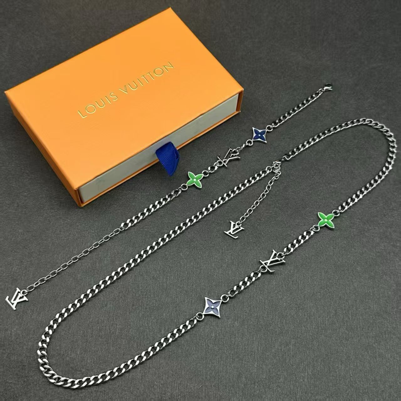 Louis Vuitton Charm Chain Jewelry – Silver-Toned Necklace & Bracelet Set in Multiple Colorways